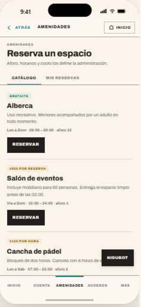 Reserva de amenidades