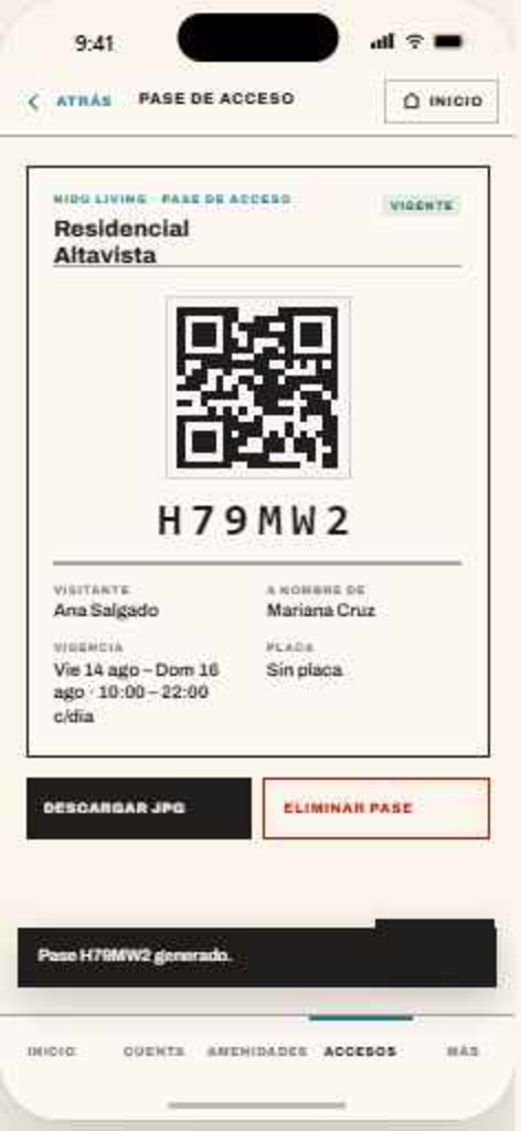 Pase de acceso con código QR