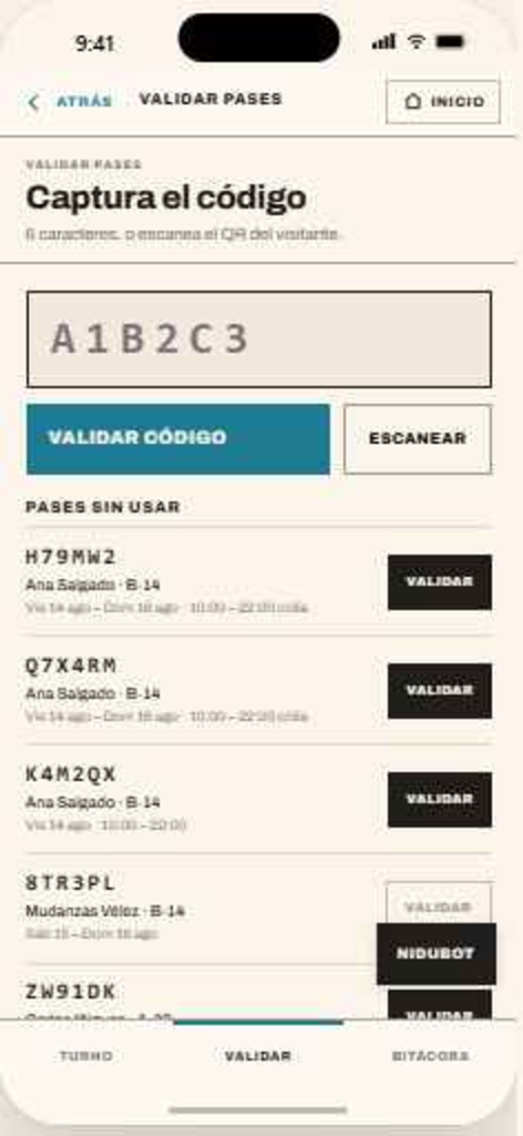 Pantalla de validación de pases del guardia