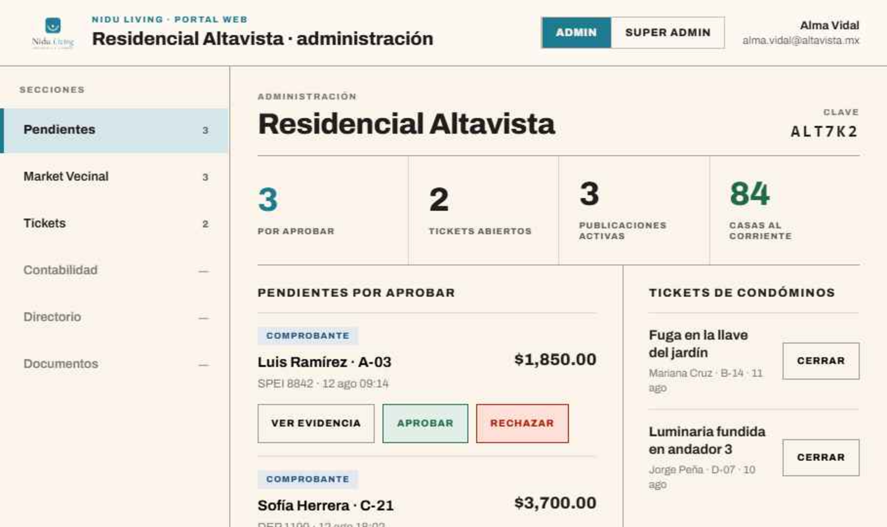 Portal de administración de Nidu Living
