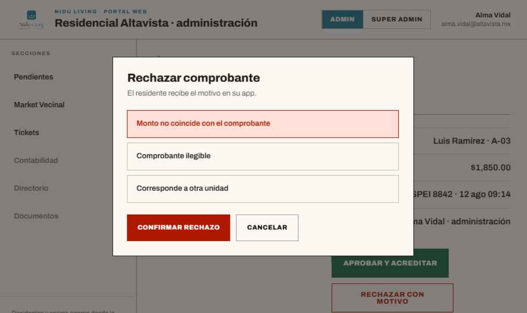 Rechazo de comprobante con motivo en el portal